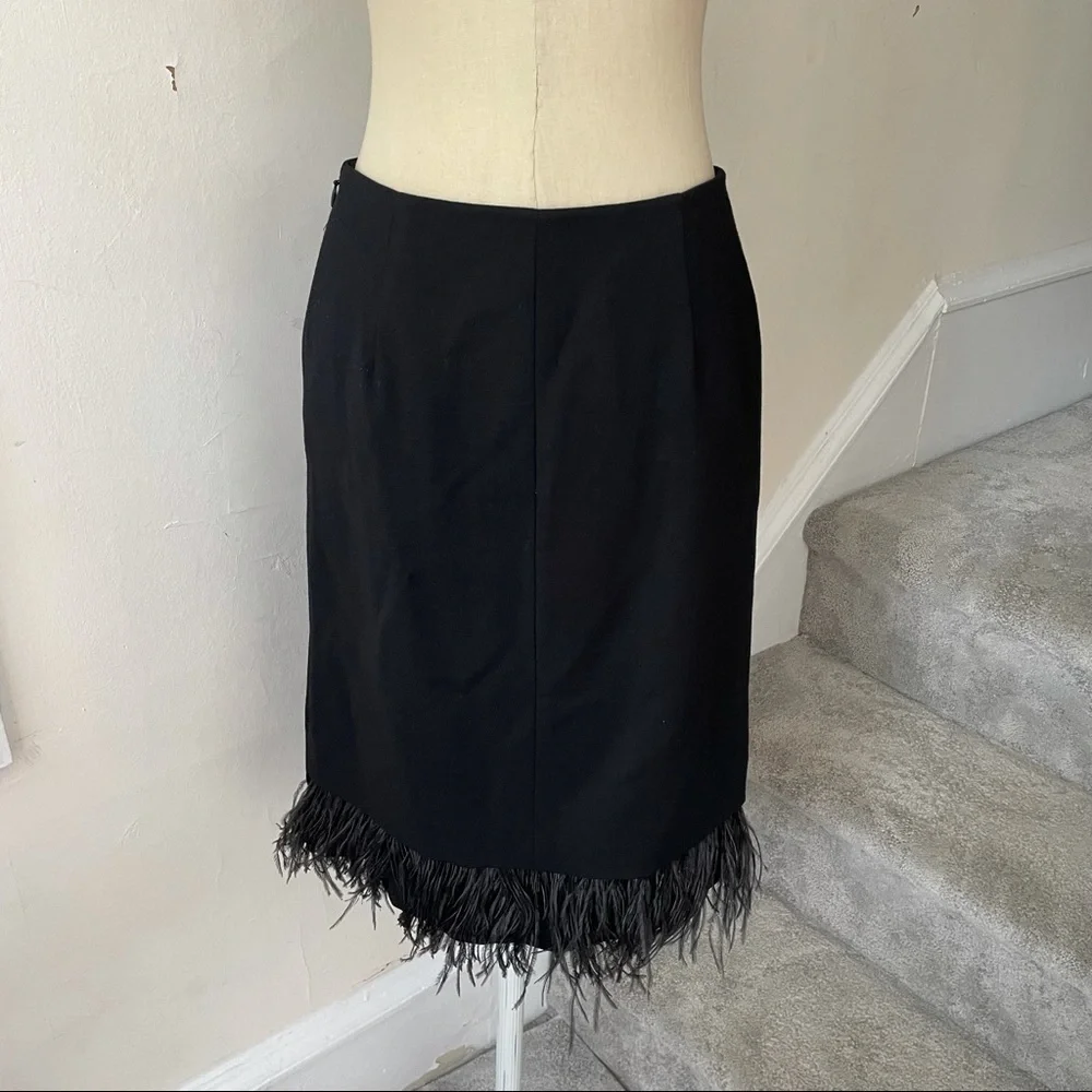 Teri Jon Rickie Freeman Wool Feather Trim Skirt
